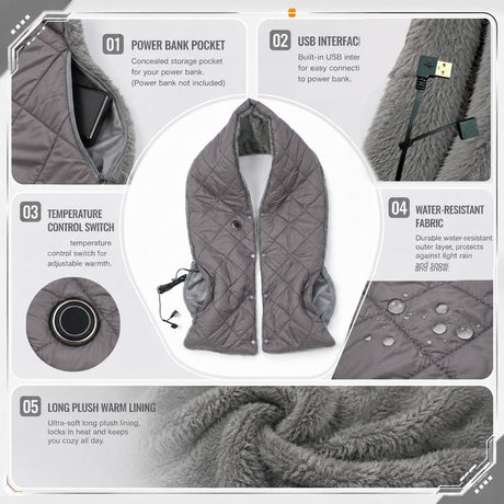 Stay Warm Anywhere with This USB-Powered Heated Scarf, Featuring Five Adjustable Heat Levels, Plush Fleece Lining, and a Versatile Snap-Button Design That Transforms into a Shawl or Wrap for Ultimate Cold-Weather Comfort (Grey, Short)