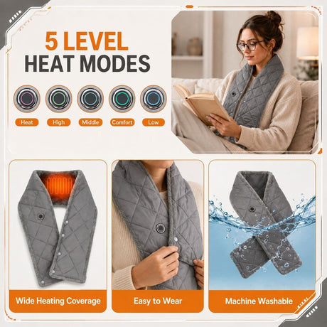 Stay Warm Anywhere with This USB-Powered Heated Scarf, Featuring Five Adjustable Heat Levels, Plush Fleece Lining, and a Versatile Snap-Button Design That Transforms into a Shawl or Wrap for Ultimate Cold-Weather Comfort (Grey, Short)