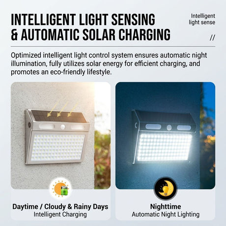 Solar Powered Motion Sensor Wall Light with Dual-Head LED Spotlight, IP65 Waterproof Outdoor Security Lamp for Patio, Doorway, Stairs, and Building Exterior, Auto On/Off at Dusk, 4 Adjustable Lighting Modes, Energy-Efficient and Weather-Resistant (3PCS)