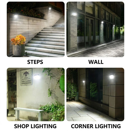 Solar Powered Motion Sensor Wall Light with Dual-Head LED Spotlight, IP65 Waterproof Outdoor Security Lamp for Patio, Doorway, Stairs, and Building Exterior, Auto On/Off at Dusk, 4 Adjustable Lighting Modes, Energy-Efficient and Weather-Resistant (4PCS)