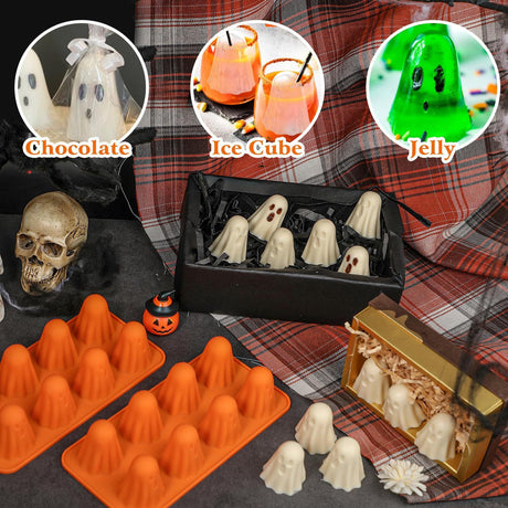 Spooky Halloween Ghost Silicone Mold – Create 8 Adorable Ghost-Shaped Chocolates, Jell-O Shots, Ice Cubes and Party Treats with Non-Stick Flexibility for Festive Kitchen Fun (2PCS)