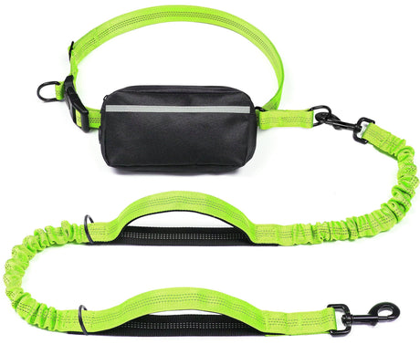 Hands-Free Dog Leash Set with Waist Belt and Storage Pouch, Shock-Absorbing Bungee Leash for Jogging, Walking, and Outdoor Adventures, Reflective Safety Design for Night Use (DarkGreen)