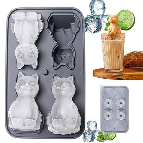Adorable 4-Cavity Cat-Shaped Silicone Ice Mold for Whiskey, Coffee & Fruit Drinks – Easy-Release, Fun Beverage Chilling for Home Bars and Everyday Dining (Grey)