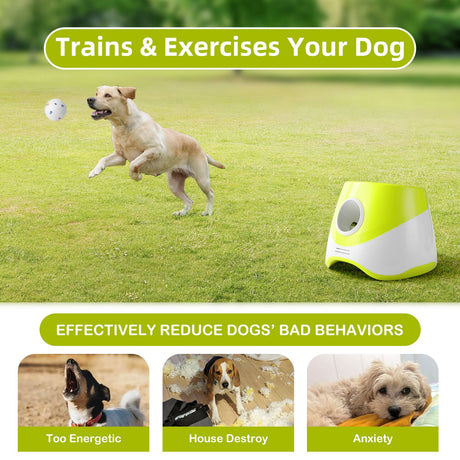 Automatic Dog Tennis Ball Launcher for Indoor & Outdoor Play, Adjustable 3-Speed Thrower with 3 Durable Chew Balls, Rechargeable Fetch Machine for Small, Medium, and Large Dogs (Yellow)
