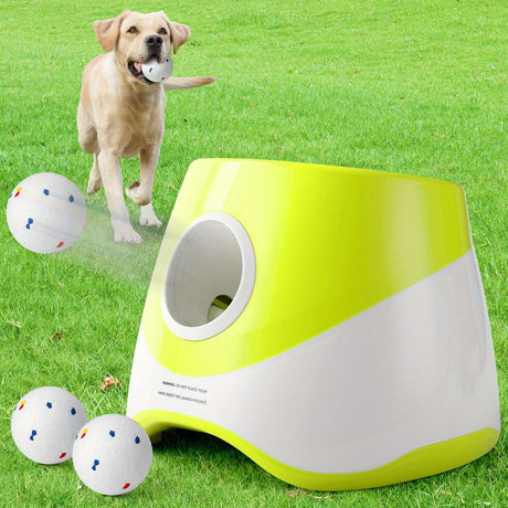 Automatic Dog Tennis Ball Launcher for Indoor & Outdoor Play, Adjustable 3-Speed Thrower with 3 Durable Chew Balls, Rechargeable Fetch Machine for Small, Medium, and Large Dogs (Yellow)