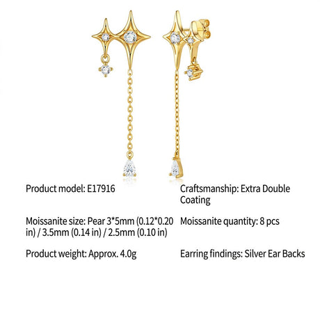 Elegant Four-Pointed Star Moissanite Tassel Earrings with Fine Gold-Plated Finish and Sparkling Drop Details, Perfect for Daily Wear, Dates, and Light Business Occasions (Moissanite, Premium S925)