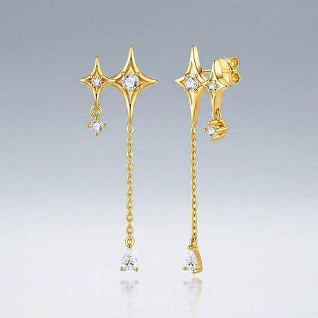 Elegant Four-Pointed Star Moissanite Tassel Earrings with Fine Gold-Plated Finish and Sparkling Drop Details, Perfect for Daily Wear, Dates, and Light Business Occasions (Moissanite, Premium S925)