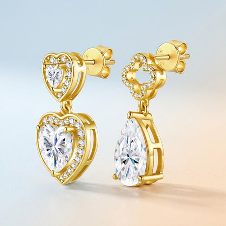 Elegant Asymmetric Moissanite Earrings Set in Dual-Plated 925 Silver with Heart and Four-Leaf Clover Designs, Featuring Eight Hearts and Eight Arrows Cut Stones for Everyday Chic and Special Occasion Wear (Moissanite, Premium S925)
