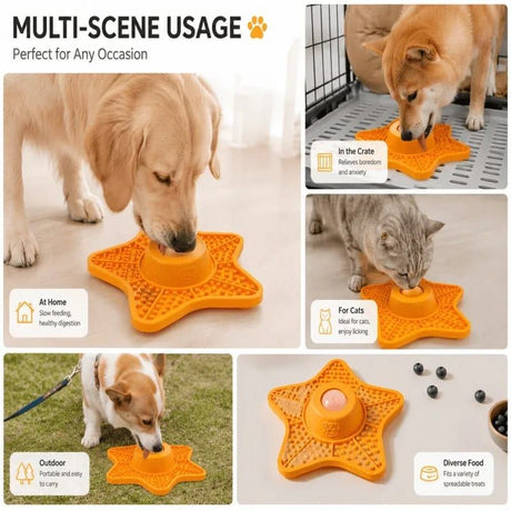 Innovative Two-in-One Star-Shaped Slow Feeder Lick Mat for All Breeds of Dogs and Cats – Our Original 5-Point Silicone Pad with Rolling Ball Insert Helps Prevent Choking, Reduces Anxiety, and Promotes Oral Health Through Extended Licking (Pink)