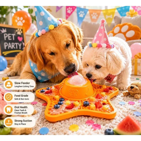Innovative Two-in-One Star-Shaped Slow Feeder Lick Mat for All Breeds of Dogs and Cats – Our Original 5-Point Silicone Pad with Rolling Ball Insert Helps Prevent Choking, Reduces Anxiety, and Promotes Oral Health Through Extended Licking (Pink)