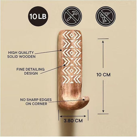 Handcrafted Solid Wood Adhesive Hooks Set – Bohemian Patterned Wall Hangers for Keys, Towels, Hats, Coats, and Bags, No-Drill Peel-and-Stick Mount for Entryway, Bedroom, and Bathroom Decor (3-Pack, Short)