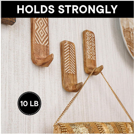 Handcrafted Solid Wood Adhesive Hooks Set – Bohemian Patterned Wall Hangers for Keys, Towels, Hats, Coats, and Bags, No-Drill Peel-and-Stick Mount for Entryway, Bedroom, and Bathroom Decor (3-Pack, Short)