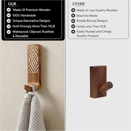 Handcrafted Solid Wood Adhesive Hooks Set – Bohemian Patterned Wall Hangers for Keys, Towels, Hats, Coats, and Bags, No-Drill Peel-and-Stick Mount for Entryway, Bedroom, and Bathroom Decor (3-Pack, Short)