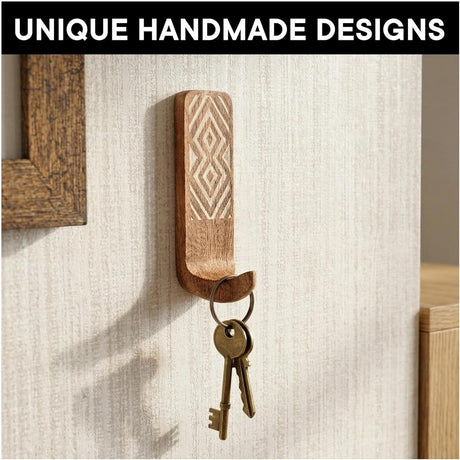 Handcrafted Solid Wood Adhesive Hooks Set – Bohemian Patterned Wall Hangers for Keys, Towels, Hats, Coats, and Bags, No-Drill Peel-and-Stick Mount for Entryway, Bedroom, and Bathroom Decor (3-Pack, Short)