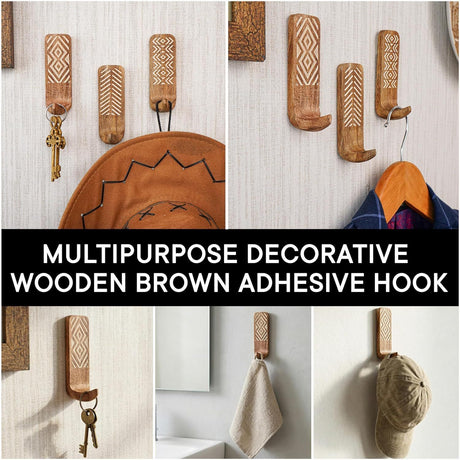 Handcrafted Solid Wood Adhesive Hooks Set – Bohemian Patterned Wall Hangers for Keys, Towels, Hats, Coats, and Bags, No-Drill Peel-and-Stick Mount for Entryway, Bedroom, and Bathroom Decor (3-Pack, Short)