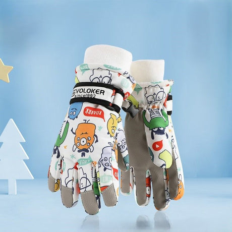 Waterproof Winter Snow Gloves for Kids with Touchscreen, Cartoon Print Design, Warm Fleece Lining, Adjustable Wrist Strap, Ideal for Skiing, Snowman Building, and Outdoor Play (L, White(Monster))