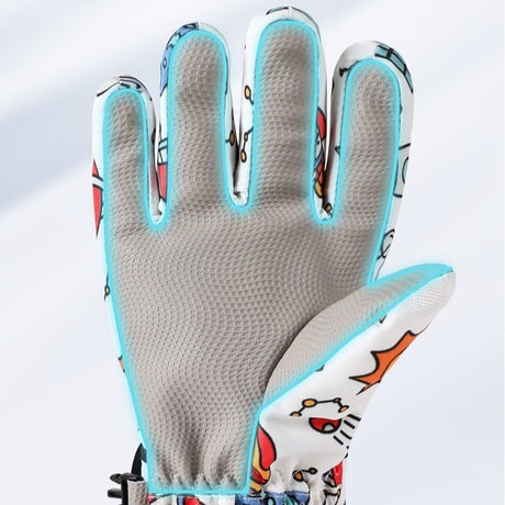 Waterproof Winter Snow Gloves for Kids with Touchscreen, Cartoon Print Design, Warm Fleece Lining, Adjustable Wrist Strap, Ideal for Skiing, Snowman Building, and Outdoor Play (L, White(Monster))