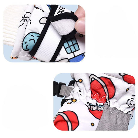 Waterproof Winter Snow Gloves for Kids with Touchscreen, Cartoon Print Design, Warm Fleece Lining, Adjustable Wrist Strap, Ideal for Skiing, Snowman Building, and Outdoor Play (L, White(Monster))
