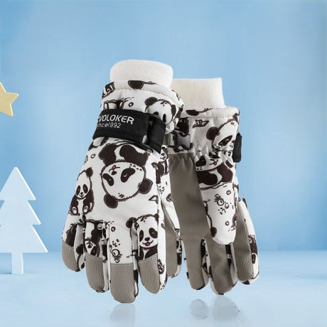 Waterproof Winter Snow Gloves for Kids with Touchscreen, Cartoon Print Design, Warm Fleece Lining, Adjustable Wrist Strap, Ideal for Skiing, Snowman Building, and Outdoor Play (S, White(Space))