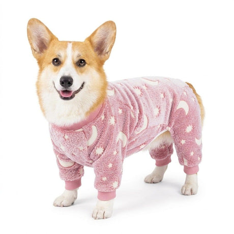 Cozy Winter Pet Fleece Four-Legged Bodysuit, Warm Flannel Full-Body Pajamas for Small to Medium Dogs, Star & Moon Print, Elastic Cuffs for Easy Wear (L, Grey)