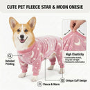 Cozy Winter Pet Fleece Four-Legged Bodysuit, Warm Flannel Full-Body Pajamas for Small to Medium Dogs, Star & Moon Print, Elastic Cuffs for Easy Wear (L, Pink)