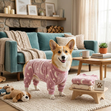 Cozy Winter Pet Fleece Four-Legged Bodysuit, Warm Flannel Full-Body Pajamas for Small to Medium Dogs, Star & Moon Print, Elastic Cuffs for Easy Wear (XL, Pink)