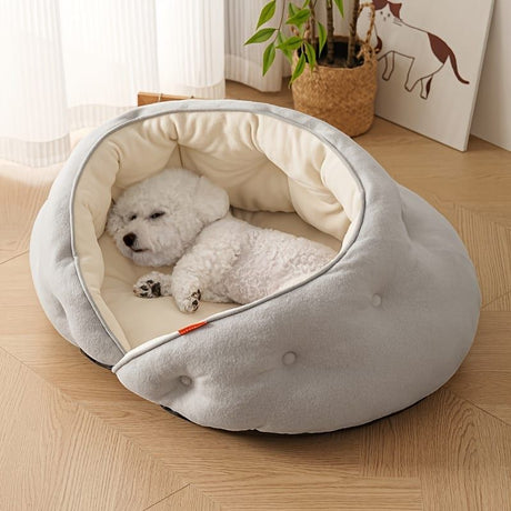 Semi-Enclosed Pet Bed with Plush Comfort and Anti-Slip Base – Ideal for Cats and Small to Medium Dogs Seeking a Cozy, Secure Sleep Spot for All Seasons (M, Blue)