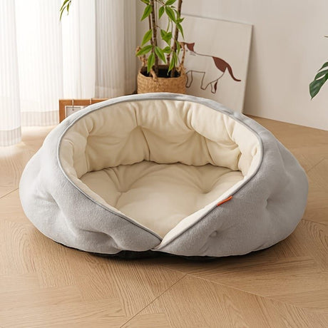 Semi-Enclosed Pet Bed with Plush Comfort and Anti-Slip Base – Ideal for Cats and Small to Medium Dogs Seeking a Cozy, Secure Sleep Spot for All Seasons (M, Blue)