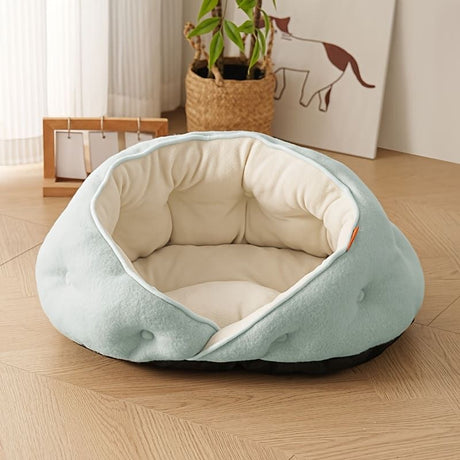 Semi-Enclosed Pet Bed with Plush Comfort and Anti-Slip Base – Ideal for Cats and Small to Medium Dogs Seeking a Cozy, Secure Sleep Spot for All Seasons (M, Blue)