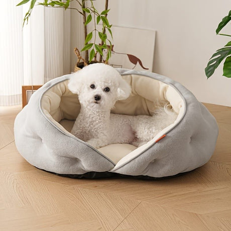 Semi-Enclosed Pet Bed with Plush Comfort and Anti-Slip Base – Ideal for Cats and Small to Medium Dogs Seeking a Cozy, Secure Sleep Spot for All Seasons (M, Grey)