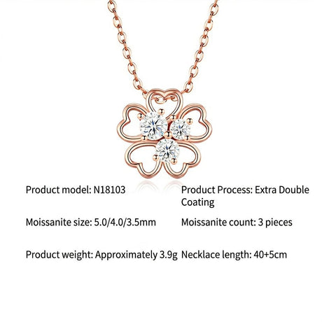 Elegant Four-Leaf Clover Moissanite Pendant Necklace in Rose Gold, Featuring Three Heart-Shaped Stones with Eight Hearts and Eight Arrows Cut, Perfect for Daily Wear, Commuting, and Gifting with Adjustable Chain (Moissanite, Premium S925)
