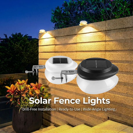 Solar Powered Fence Light with Durable ABS+PC Housing, Monocrystalline Silicon Panel, and Adjustable Mounting Clip for Outdoor Garden, Patio, Deck, and Walkway Illumination in Warm White or Cool White (4PCS, Black Housing‑Cool White Light)
