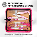 Professional Pet Grooming Scissors Set for Dogs & Cats – Includes Straight, Curved, Thinning Shears, Nail Clippers, and Comb in a Stylish Pink Case for Home Grooming and Salon-Quality Trimming