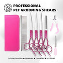 Professional Pet Grooming Scissors Set for Dogs & Cats – Includes Straight, Curved, Thinning Shears, Nail Clippers, and Comb in a Stylish Pink Case for Home Grooming and Salon-Quality Trimming