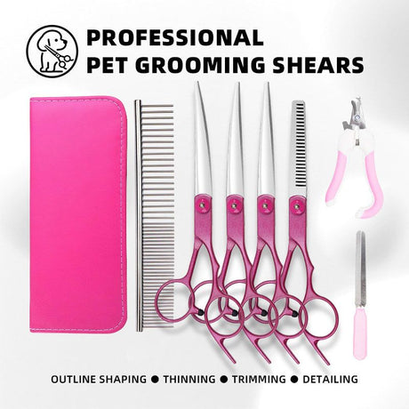 Professional Pet Grooming Scissors Set for Dogs & Cats – Includes Straight, Curved, Thinning Shears, Nail Clippers, and Comb in a Stylish Pink Case for Home Grooming and Salon-Quality Trimming