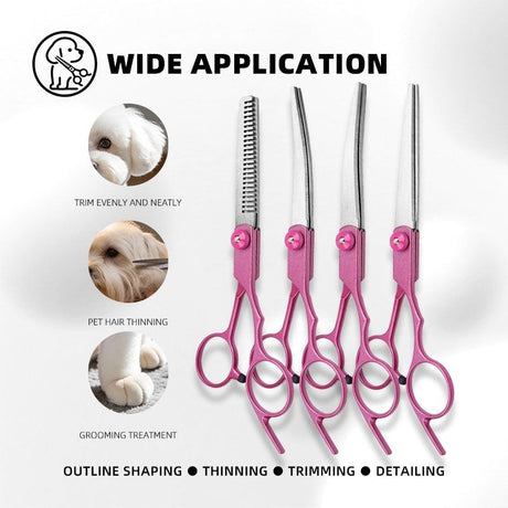 Professional Pet Grooming Scissors Set for Dogs & Cats – Includes Straight, Curved, Thinning Shears, Nail Clippers, and Comb in a Stylish Pink Case for Home Grooming and Salon-Quality Trimming