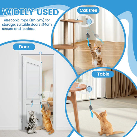 Interactive Electric Cat Teaser with Clip-On Spring Design – Auto Up-and-Down Motion, Replaceable Plush Mouse & Feather Wand Attachments, Perfect for Indoor Play, Exercise, and Mental Stimulation on Desks, Shelves, or Cat Trees. (Blue)