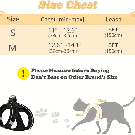Escape-Proof Cat Harness and Leash Set with Reflective Soft Mesh Vest for Safe Outdoor Adventures with Your Feline Friend (S, Black)