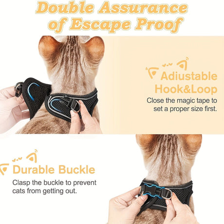 Escape-Proof Cat Harness and Leash Set with Reflective Soft Mesh Vest for Safe Outdoor Adventures with Your Feline Friend (S, Black)