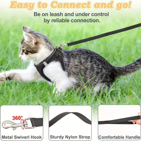 Escape-Proof Cat Harness and Leash Set with Reflective Soft Mesh Vest for Safe Outdoor Adventures with Your Feline Friend (S, Black)