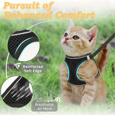 Escape-Proof Cat Harness and Leash Set with Reflective Soft Mesh Vest for Safe Outdoor Adventures with Your Feline Friend (S, Black)