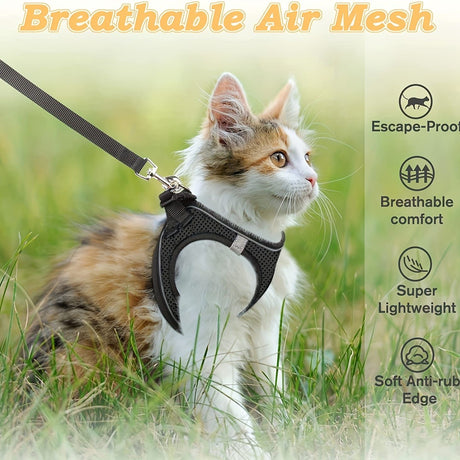 Escape-Proof Cat Harness and Leash Set with Reflective Soft Mesh Vest for Safe Outdoor Adventures with Your Feline Friend (S, Green)