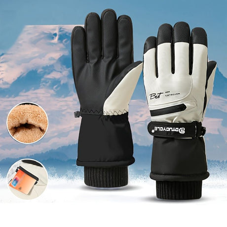 Winter Full-Finger Touchscreen Thermal Gloves for Skiing, Hiking, Cycling, and Outdoor Activities – Unisex Waterproof, Windproof, and Warm Design with Anti-Slip Grip and Adjustable Wrist Strap (White)