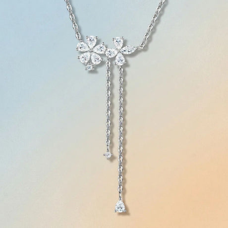 925 Silver Moissanite Flower Tassel Necklace – Sparkling Four-Petal Pendant with Dual Drop Chains, Elegant Light Luxury Jewelry for Daily Wear, Office, Dates, and Semi-Formal Gatherings, Includes GRA Certificate (Moissanite, Premium S925)