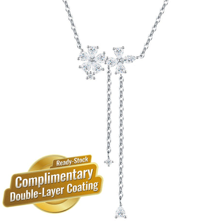 925 Silver Moissanite Flower Tassel Necklace – Sparkling Four-Petal Pendant with Dual Drop Chains, Elegant Light Luxury Jewelry for Daily Wear, Office, Dates, and Semi-Formal Gatherings, Includes GRA Certificate (Moissanite, Premium S925)
