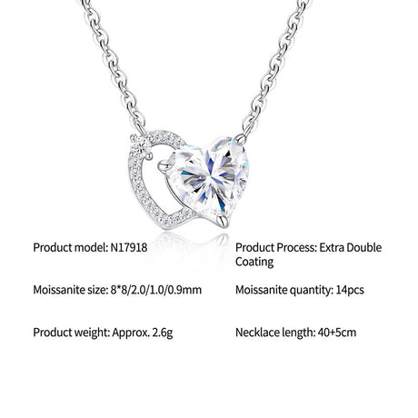 Elegant Dual Heart Moissanite Pendant Necklace in Sterling Silver, Featuring a Sparkling 8x8mm Eight Hearts and Arrows Cut Center Stone, with 14 Genuine Moissanite Gems, Adjustable 40+5cm Chain, Perfect for Daily Wear and Romantic Gifting Moments (Moissan