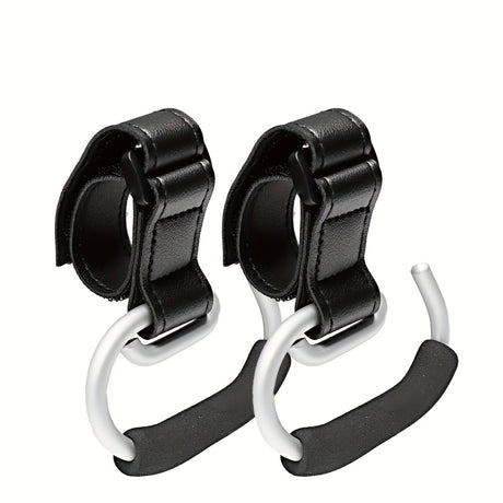 Universal Stroller Hooks with PU Leather Straps – Heavy-Duty Aluminum Baby Stroller Organizer for Hanging Bags, Purses, and Diaper Bags on Stroller Handles or Frames (2PCS（Black）)