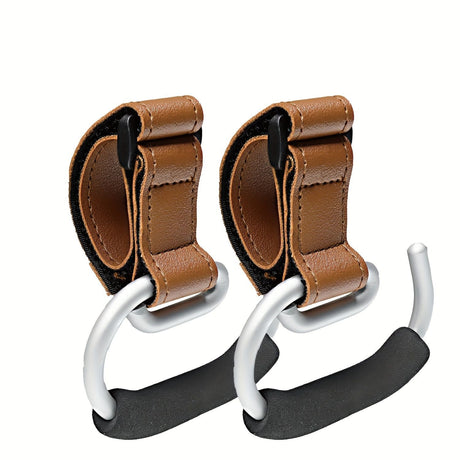 Universal Stroller Hooks with PU Leather Straps – Heavy-Duty Aluminum Baby Stroller Organizer for Hanging Bags, Purses, and Diaper Bags on Stroller Handles or Frames (2PCS（Brown）)