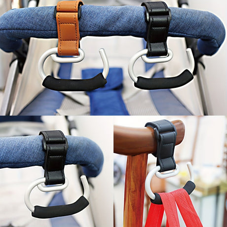 Universal Stroller Hooks with PU Leather Straps – Heavy-Duty Aluminum Baby Stroller Organizer for Hanging Bags, Purses, and Diaper Bags on Stroller Handles or Frames (2PCS（Brown）)