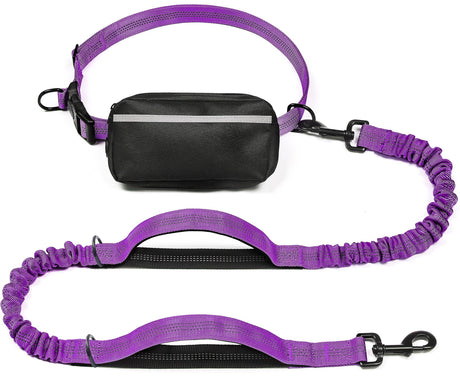 Hands-Free Dog Leash with Waist Belt and Storage Pouch, Shock-Absorbing Bungee Leash for Running, Walking, and Outdoor Adventures, Reflective Safety Design for Night Walks (Lavender)